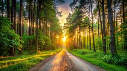 Fototapeta premium sunset over forest road with green tree silhouettes
