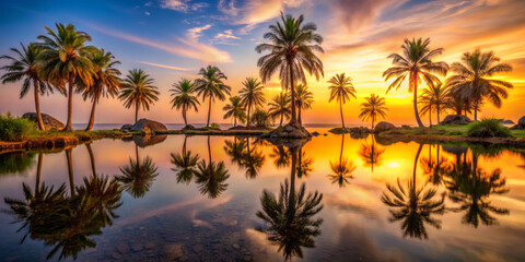 serene oasis emerges at dusk, where towering palm trees reflect beautifully in calm water, creating tranquil and picturesque sunset scene