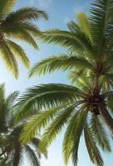 Green branches of a tall palm tree swaying gently in the wind, plant details, palm tree, green branches