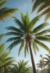 Green branches of a tall palm tree swaying gently in the wind, palm tree, plant details, wind