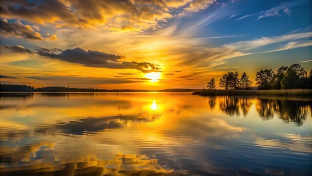 sunset over lake with yellow reflection in water