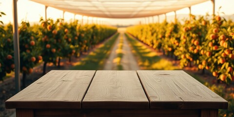 Rustic Wooden Table in a Sunlit Orchard with Rows of Fruit Trees