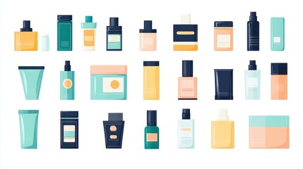 Illustrative representations of shampoo, conditioner, and body wash packaging.