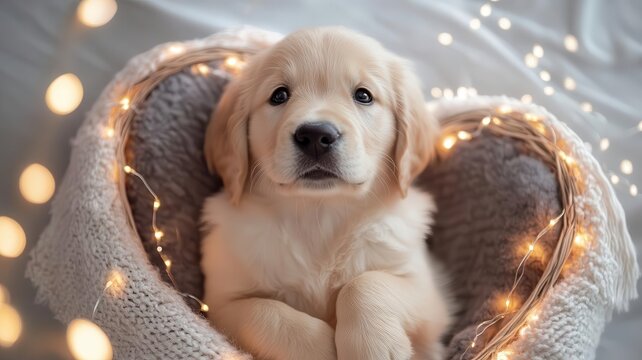 A golden retriever puppy sitting in a heart shaped basket, with fairy lights framing the scene