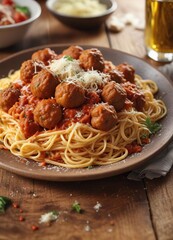 Hearty plate of spaghetti with meatballs and grated parmesan cheese on a wooden table , parmesan, wooden table