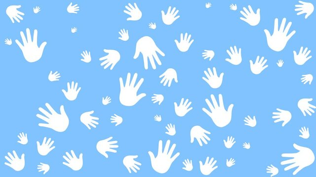 Video background with human children's and adults hands imprint. White handprints appear on a pink and blue background.