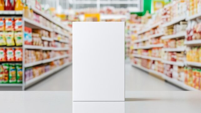 White blank cereal box mockup in a grocery aisle, emphasizing real-world context for product branding displays