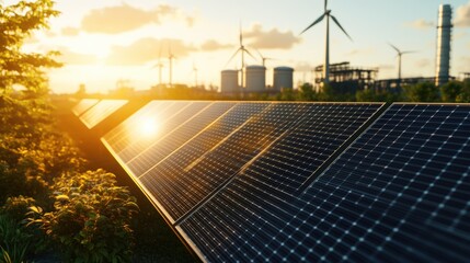 Renewable energy action solar farm photovoltaic panels green environment sunrise view sustainability concept