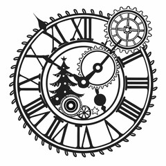 Steampunk Christmas clock Clipart, Steampunk Christmas clock Black silhouette