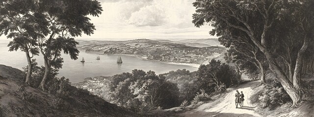 An engraving of the view from high above Fowey Bay in Cornwall, set against an English landscape with trees and hills.