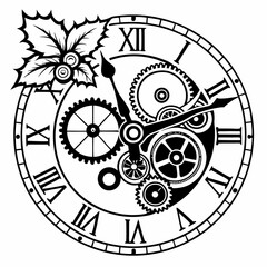 Steampunk Christmas clock Clipart, Steampunk Christmas clock Black silhouette