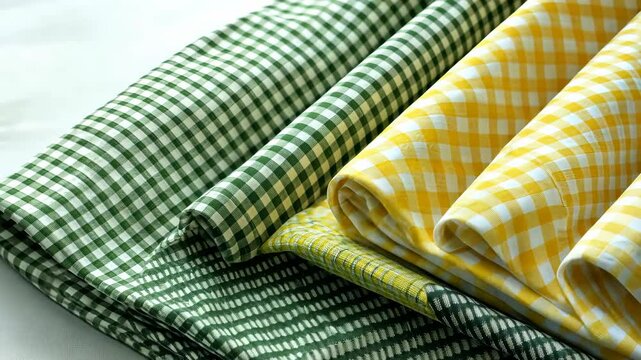 A set of yellow and green gingham fabric featuring patterns.