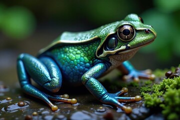 Fototapeta premium Iridescent blue and green scales on frog's back, frog, colors, greens
