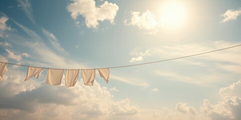 Sunlight illuminates freshly laundered clothes drying gently on a clothesline under a bright, expansive sky.