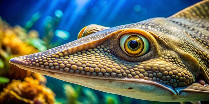 Macro Photography: Bowmouth Guitarfish Close-Up, Detailed Scales, Ocean Floor, Underwater Wildlife, Marine Life, Fish Anatomy