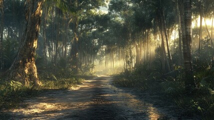 Obraz premium Sunlit path through misty tropical jungle.