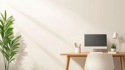 Fototapeta premium Modern Minimalist Home Office Setup with Wooden Desk, Computer, Green Plants, and Bright Natural Light in Contemporary Space