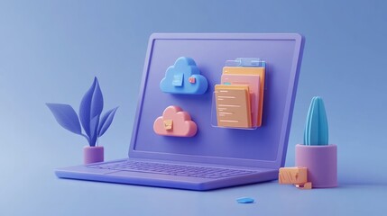 Laptop with cloud data files, documents, and plant icons.