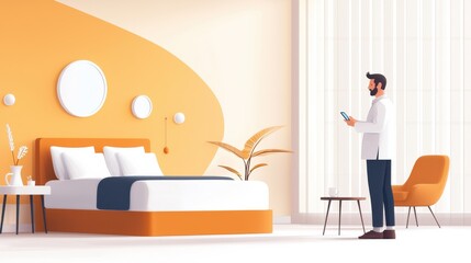 Fototapeta premium Modern Bedroom with Stylish Orange Accents and Minimalist Decor Featuring a Man Using a Smartphone in a Well-Lit Space with Natural Light