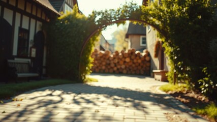 Obraz premium Serene Pathway Through a Lush Garden Archway Leading to a Stack of Logs