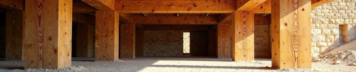 Naklejka premium Large wooden beam forms the base of a building, pillar, wooden, beam