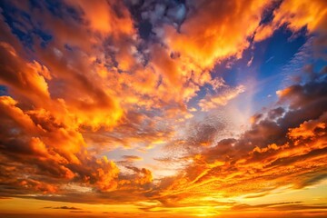 Obraz premium Sunset sky with orange clouds over nature background, wide-angle view