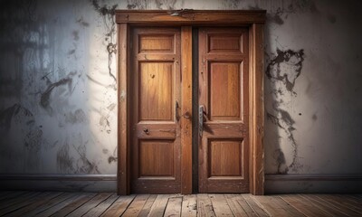 Decaying old wooden door in a abandoned house, weathered, dark gray, abandonment