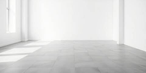 Empty Room with Bright Sunlight Streaming Through Window and Light Grey Tile Floor