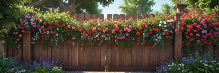 Obraz premium Lush greenery and blooming flowers on a wooden gate with a festive feel, floral arrangements, garden decor, holiday decor