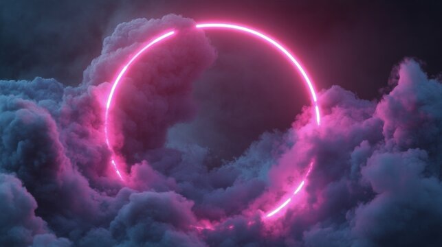 Vibrant neon circle surrounded by colorful clouds at dusk