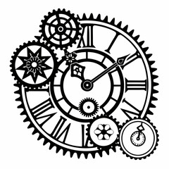Steampunk Christmas clock Clipart, Steampunk Christmas clock Black silhouette