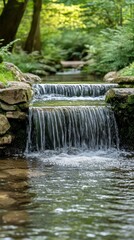 Naklejka premium A serene waterfall cascades over rocks in a lush, green forest setting.