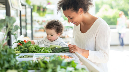 Naklejka premium Mother and child shopping for fresh produce at grocery store, family lifestyle