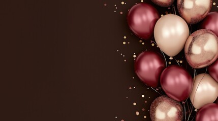 Abstract background with realistic balloons and empty space for text, dark brown and burgundy colors, golden pink colors, metallic. birthday party decoration, mockup design template 
