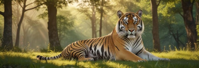 Fototapeta premium Majestic Bengal tiger stretches out in a sunlit glade, meadow, feline, bengal tiger