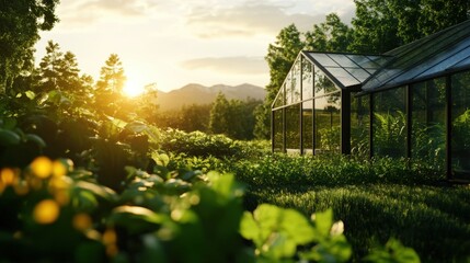 Sunset greenhouse gardens nature photography lush environment serene viewpoint sustainable concepts for eco-friendly living