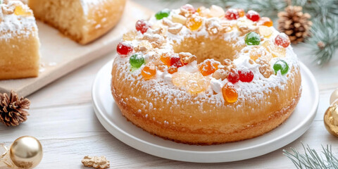 Three kings holiday festive fruitcake topped with colorful candied fruits on a table, background