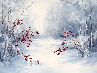 Winter scene with snow-covered trees, sparkling icicles, and a snowy landscape 