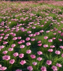 Obraz premium delicate pink flowers scattered on a lush green grass, blooming flowers, garden