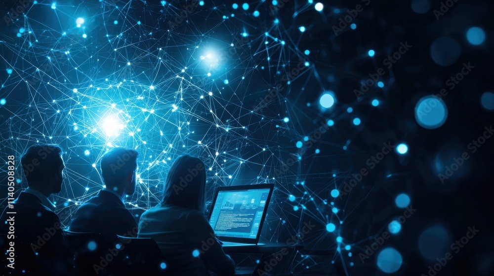 Poster professionals analyzing data in a high-tech environment with digital connections and blue lights rep