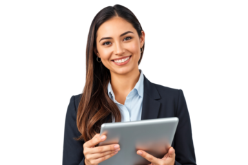 Portrait of a smiling businesswoman holding tablet, business concept, isolated on transparent background