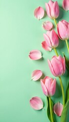 Obraz premium Delicate pink tulip petals scattered on a soft pastel green background, nature scenery, pastel colors