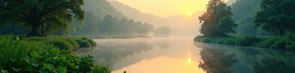 Misty dawn river scene with lush green vegetation and serene water reflection, serenity, calm, mist
