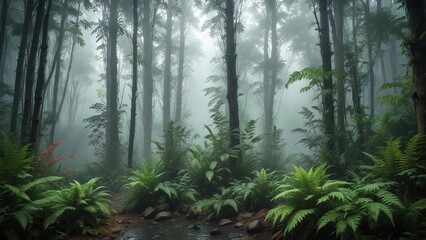 misty rainforest with bamboo plants and ferns, greenery, outdoor photography, lush foliage