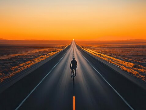 Cyclist leading marathon, long highway stretching ahead, sunset glow