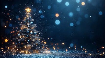 Obraz premium Sparkling Christmas Tree: A majestic Christmas tree adorned with twinkling lights and ornaments stands against a backdrop of shimmering blue and gold bokeh, evoking a sense of warmth, magic.