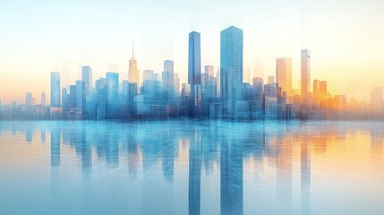 Fototapeta premium Cityscape reflection at sunrise.