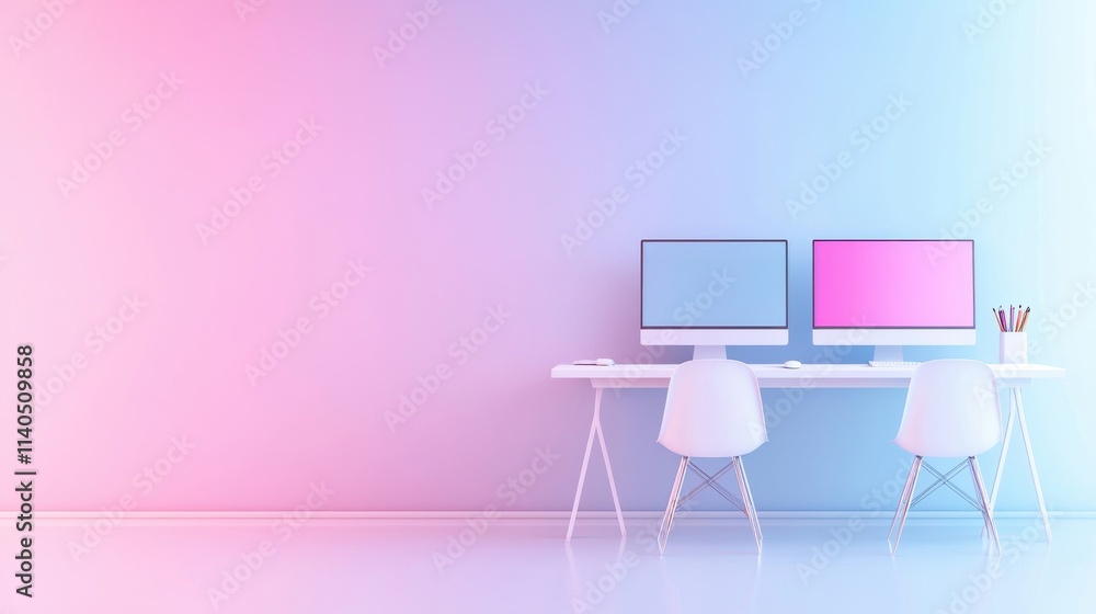 Poster modern minimalist workspace with dual monitors on a sleek desk against a gradient background in soft