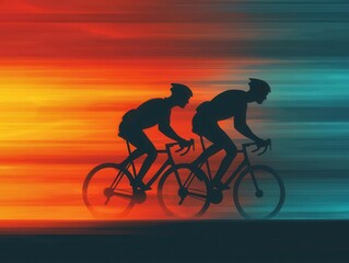 Obraz premium Cyclists in evening marathon, road lit by streetlights, city atmosphere, adrenaline high