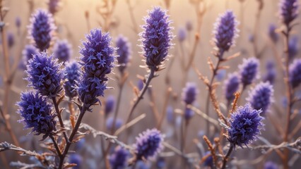Obraz premium Blue-purple flower buds with orange undertones, frosted and lacy, in a warm and sunlit environment, bloom, spring flowers